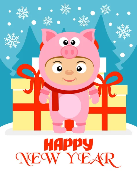 コスチューム豚で子供と幸せな新年の背景 ベクトル図 — ストックベクタ
