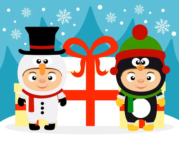 New Year Card Kids Costume Snowman Penguin Vector Illustration — Stock Vector