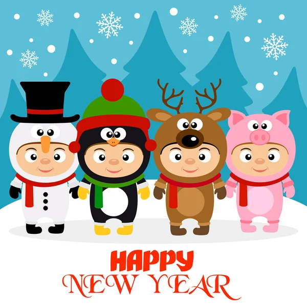 新年の衣装で子供と幸せな新年の背景 ベクトル図 — ストックベクタ