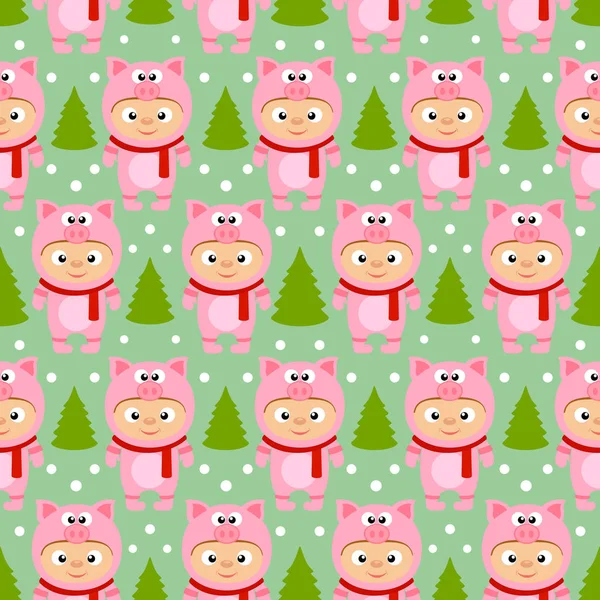 Año Nuevo Sin Costuras Con Los Niños Traje Pig Vector — Archivo Imágenes Vectoriales