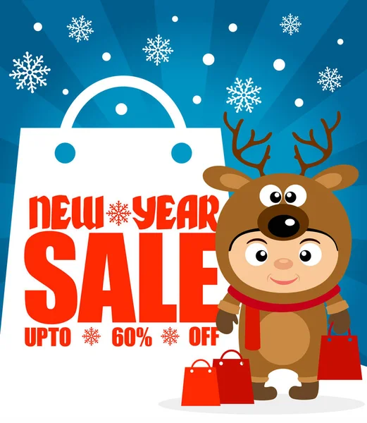 Año Nuevo Fondo Venta Hasta Apagado Con Niño Traje Deer — Vector de stock