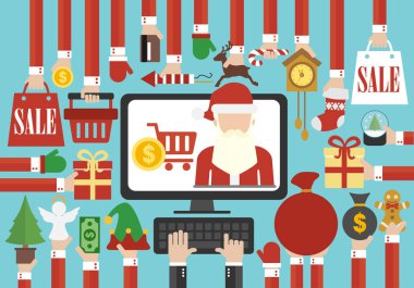Mutlu Noeller, mutlu yeni yıl kavramı satış online düz Santa Claus.Vector tasarlamak