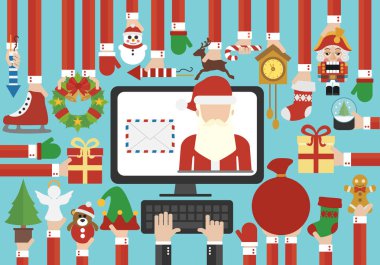 Mutlu Noeller, mutlu yeni yıl modern tasarım düz online gönderme mektup Santa Claus.Vector çizim ile