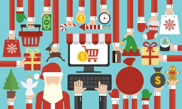 Mutlu Yeni Yıl Kavramı Satış Online Düz Santa Claus Vector — Stok Vektör
