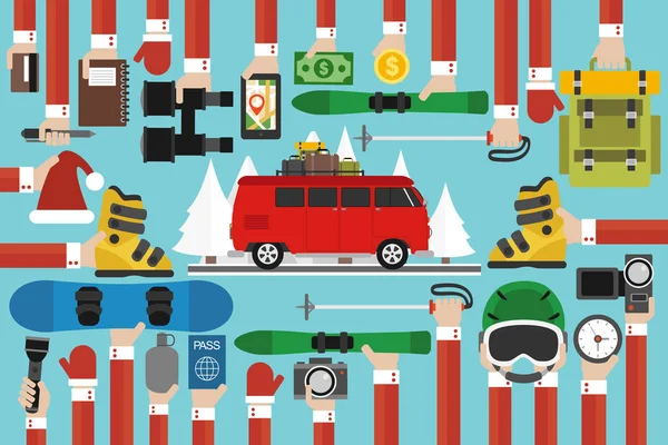 Nový Rok Cestovat Červeným Cestování Autobusem Vektorové Ilustrace — Stockový vektor