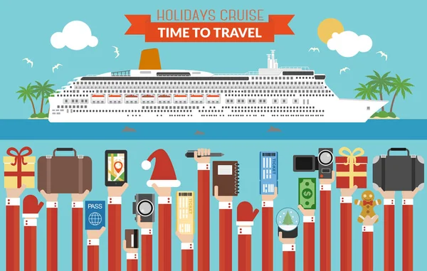 Новогодний Дизайн Путешествия Flat Holidays Cruise Vector Иллюстрация — стоковый вектор