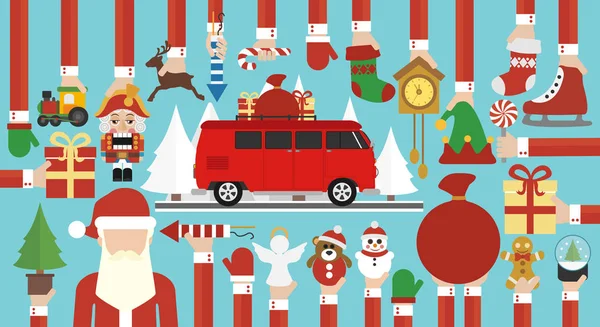 Joyeux Appartement Design Noël Avec Bus Noël Santa Claus Illustration — Image vectorielle