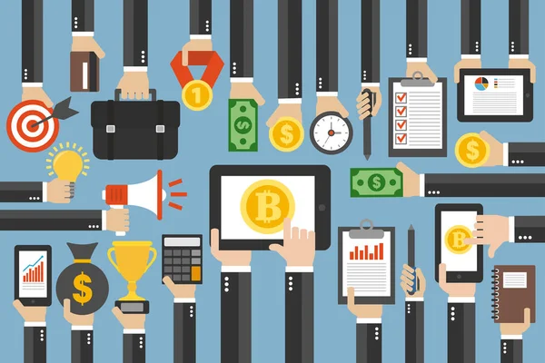 Crypto Valuta Concept Plat Ontwerp Bedrijf Smartphone Met Bitcoin Currency — Stockvector