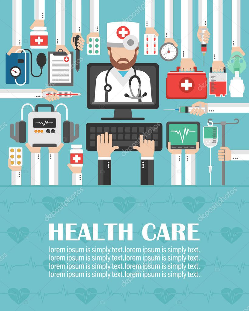 Health Care computer online set with doctor flat design.lorem ipsum is simply text.Vector illustration