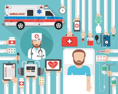 Doktor ve hasta ile tıbbi ambulans düz konsept tasarımı