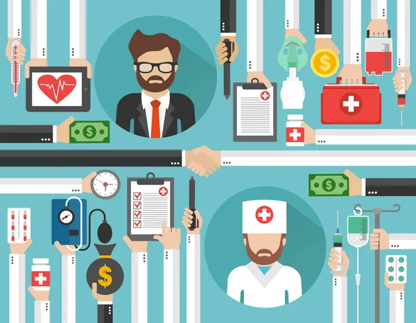 Sağlık sigortası kavramı düz çizmek ile doktor ve işadamı