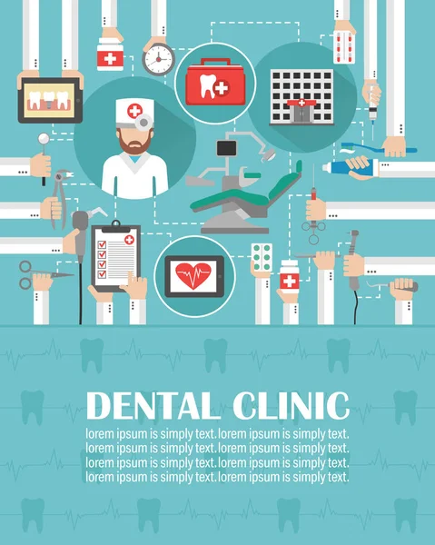 Dental design médico moderno conjunto plano com dentista e dentista Chair.lorem ipsum é simplesmente texto —  Vetores de Stock