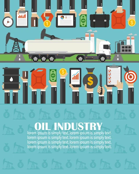 Industria petrolera plana con cisterna de gasolina car.lorem ipsum es simplemente texto — Vector de stock