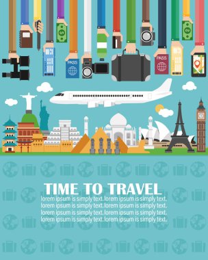 Seyahat zamanı, uçakla, dünyanın her yerinde. Lorem ipsum sadece metin