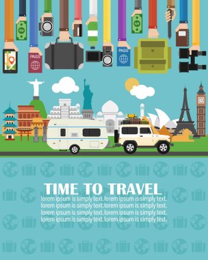Seyahat zamanı, Suv, karavan kamp, dünya çapında. Lorem ipsum sadece metin