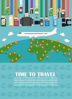 Zaman seyahat, uçak ve dünya haritası ile . Lorem ipsum sadece metin