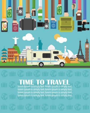 Zaman seyahat, kamp, römork, dünya çapında. Lorem ipsum sadece metin