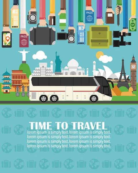 Tiempo para viajar, autobús turístico, todo el mundo. Lorem ipsum es simplemente texto — Vector de stock