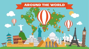 Üç balon seyahat ve harita arazi vektörü ile dünya çapında düz tasarım