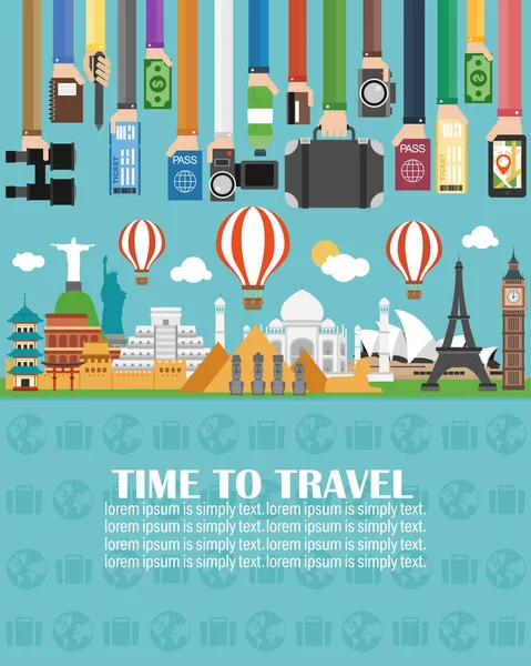 Tempo para viajar, com três viagens de balão, ao redor do mundo.Lorem ipsum é simplesmente texto — Vetor de Stock