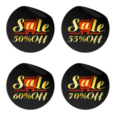 Siyah satış çıkartmaları 50%, 55%, 60%, kırmızı alışveriş sepeti ile% 70 indirim