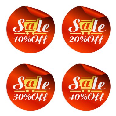 Kırmızı satış çıkartmaları 10%, 20%, 30%, 40% altın alışveriş sepeti ile kapalı