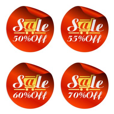 Kırmızı satış çıkartmaları 50%, 55%, 60%, 70% altın alışveriş sepeti ile kapalı