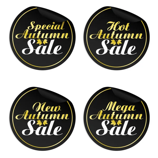 Herfst zwart goud verkoop stickers. Speciale, hete, nieuwe, Mega herfst Sale — Stockvector
