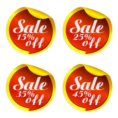 Sarı satış çıkartmaları kırmızı kabarcık ile ayarlanmış 15%, 25%, 35%, 45% kapalı