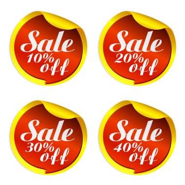 Sarı satış çıkartmaları kırmızı kabarcık ile ayarlanmış 10%, 20%, 30%, 40% kapalı