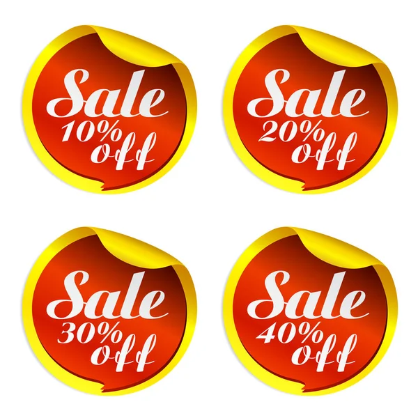 Κίτρινα αυτοκόλλητα πώλησης με κόκκινη φούσκα 10%, 20%, 30%, 40% off — Διανυσματικό Αρχείο