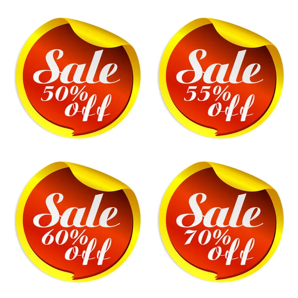 Sarı satış çıkartmaları kırmızı kabarcık ile ayarlanmış 50%, 55%, 60%, 70% kapalı