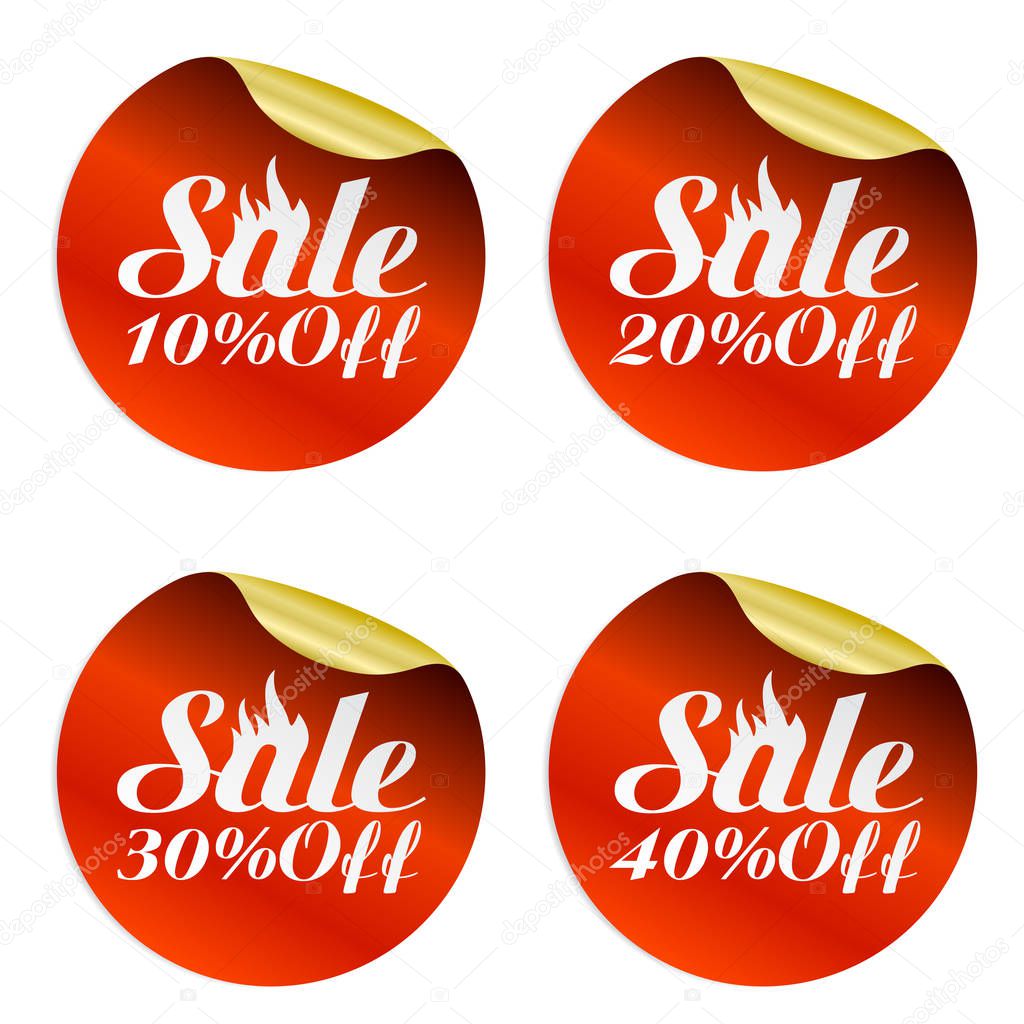 Red, gold fire sale stickers set 10%, 20%, 30%, 40% off