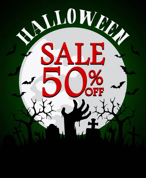Halloween fondo de la venta con las manos zombie 50% off — Vector de stock