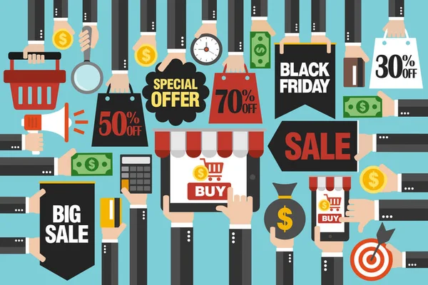 Concept design Black Friday venda plana, com laptop, smartphone compras on-line. Venda 30%, 50%, 70% fora — Vetor de Stock