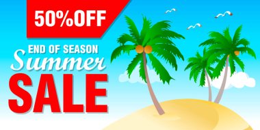 Yaz tatili için% 50 indirimli yaz satışı tasarımı. Sezon sonu yaz indirimi. Vektör illüstrasyonu
