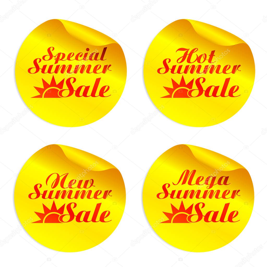 Yellow summer sale stickers special,hot,new,mega with sun symbol. Vector illustration