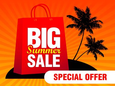 Büyük yaz şablonu posteri. Adada paketli özel yaz indirimi pankartı. Vektör illüstrasyonu