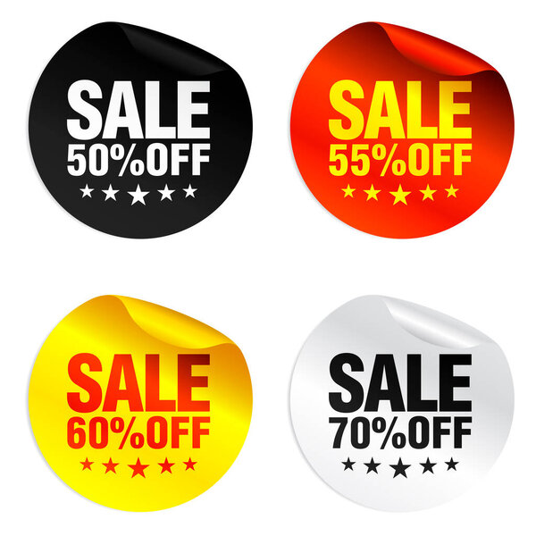 Sale colorful stickers set 50%, 55%, 60%, 70% off with stars. Vector illustration