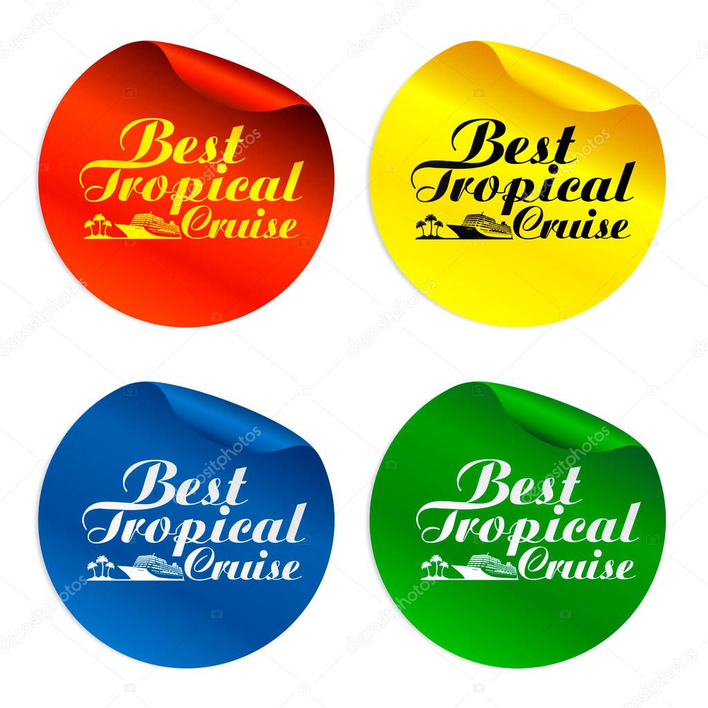 Best tropical cruise colorful stickers set, with cruise ship. Vector illustration