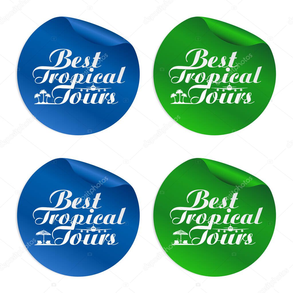 Best tropical tours blue, green stickers set. Vector illustration