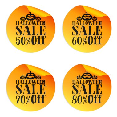 Cadılar Bayramı portakal satışı etiketleri% 50,% 60,% 70,% 80 indirimli. Vektör illüstrasyonu