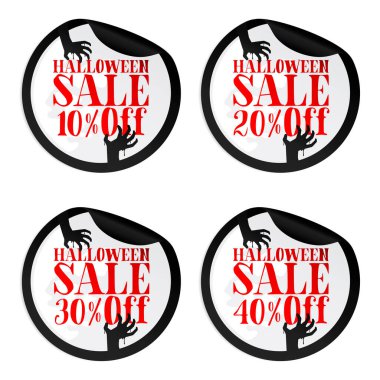 Zombi elli Kara Cadılar Bayramı çıkartmaları% 10, 20, 30, 40 indirimli. Vektör illüstrasyonu