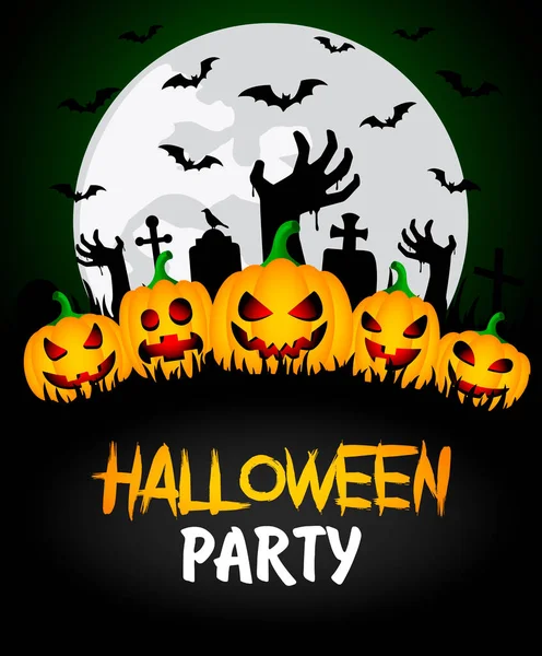 Halloweenpartyn Affisch Med Zombiehänder Kyrkogården Och Roliga Pumpor Halloween Gratulationskort — Stock vektor