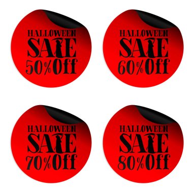 Kızıl Cadılar Bayramı indirimli etiketleri. Tırpancı% 50, 60, 70, 80 indirimli. Vektör illüstrasyonu