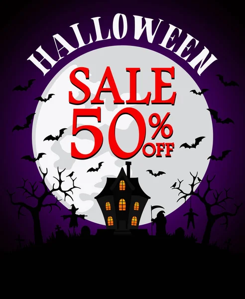Diseño Banner Venta Halloween Con Descuento Plantillas Póster Con Casa — Vector de stock