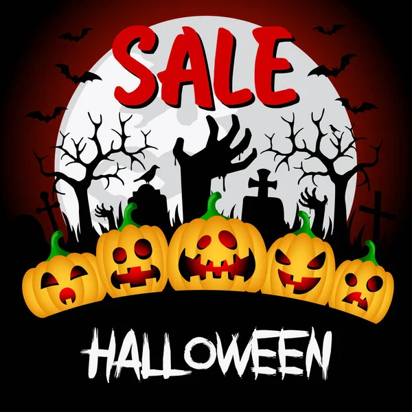 Venta Fondo Halloween Con Calabazas Divertidas Manos Zombie Cementerio Ilustración — Vector de stock