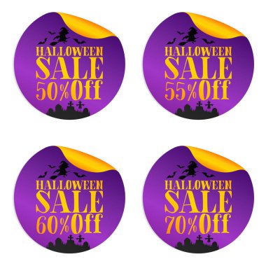 Cadılar Bayramı menekşe satışı etiketleri% 50,% 55,% 60,% 70 indirimli. Vektör illüstrasyonu