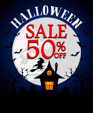 Cadılar Bayramı satışları% 50 indirimli. Vektör illüstrasyonu