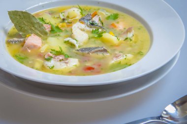 Balık çorbası bir tabak içinde baş.